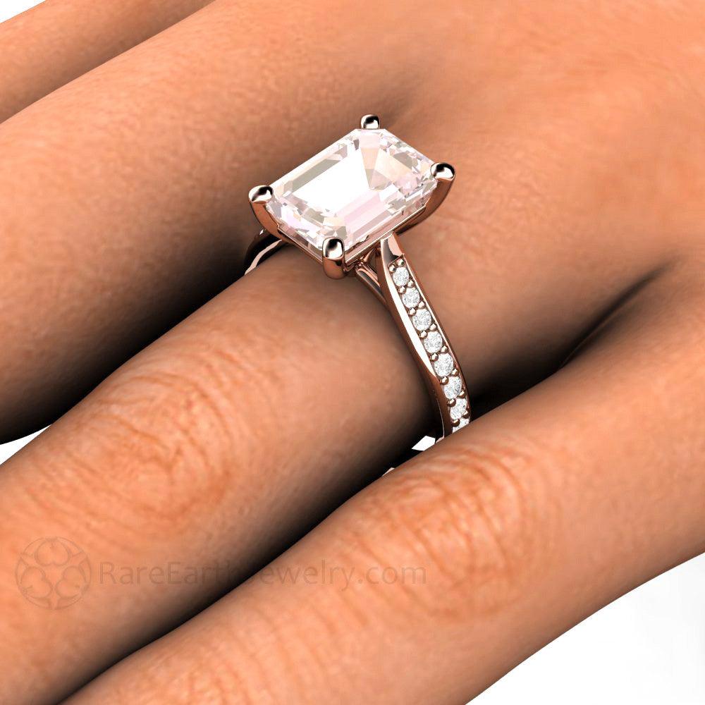 Solitaire Morganite Ring Engagement Ring Emerald Cut with Diamonds - Rare Earth Jewelry