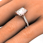 Solitaire Morganite Ring Engagement Ring Emerald Cut with Diamonds Platinum - Rare Earth Jewelry