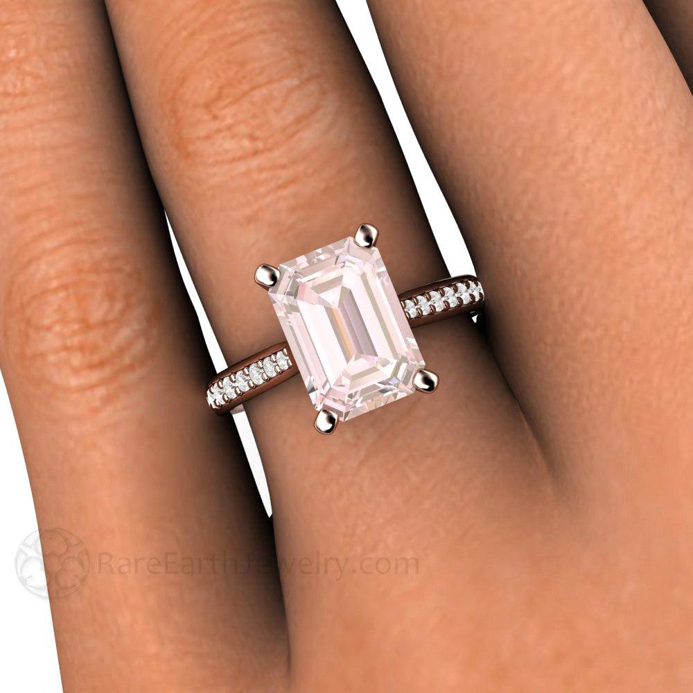 Solitaire Morganite Ring Engagement Ring Emerald Cut with Diamonds - Rare Earth Jewelry