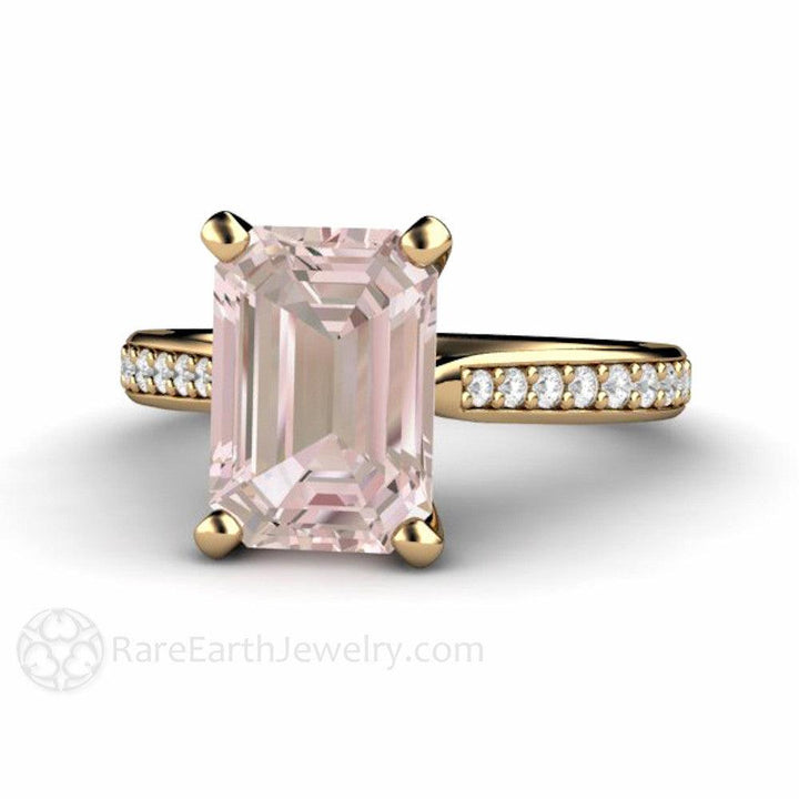 Solitaire Morganite Ring Engagement Ring Emerald Cut with Diamonds - Rare Earth Jewelry