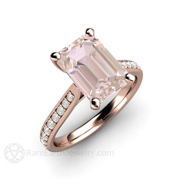 Solitaire Morganite Ring Engagement Ring Emerald Cut with Diamonds 14K Rose Gold - Rare Earth Jewelry