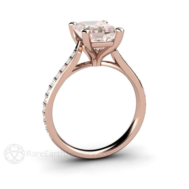 Solitaire Morganite Ring Engagement Ring Emerald Cut with Diamonds - Rare Earth Jewelry