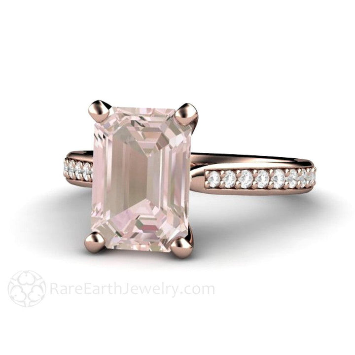 Solitaire Morganite Ring Engagement Ring Emerald Cut with Diamonds - Rare Earth Jewelry