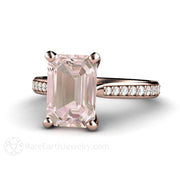 Solitaire Morganite Ring Engagement Ring Emerald Cut with Diamonds 14K Rose Gold - Rare Earth Jewelry