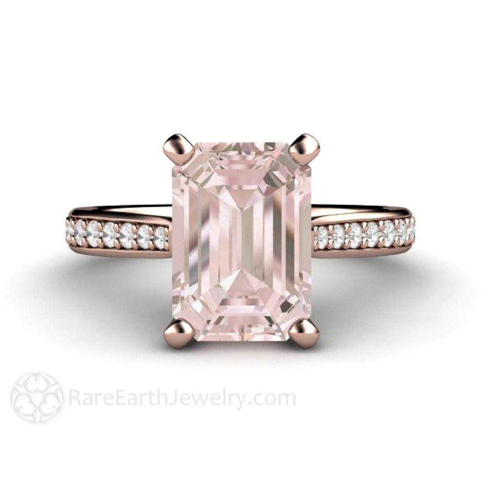 Solitaire Morganite Ring Engagement Ring Emerald Cut with Diamonds - Rare Earth Jewelry