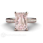 Solitaire Morganite Ring Engagement Ring Emerald Cut with Diamonds 18K Rose Gold - Rare Earth Jewelry