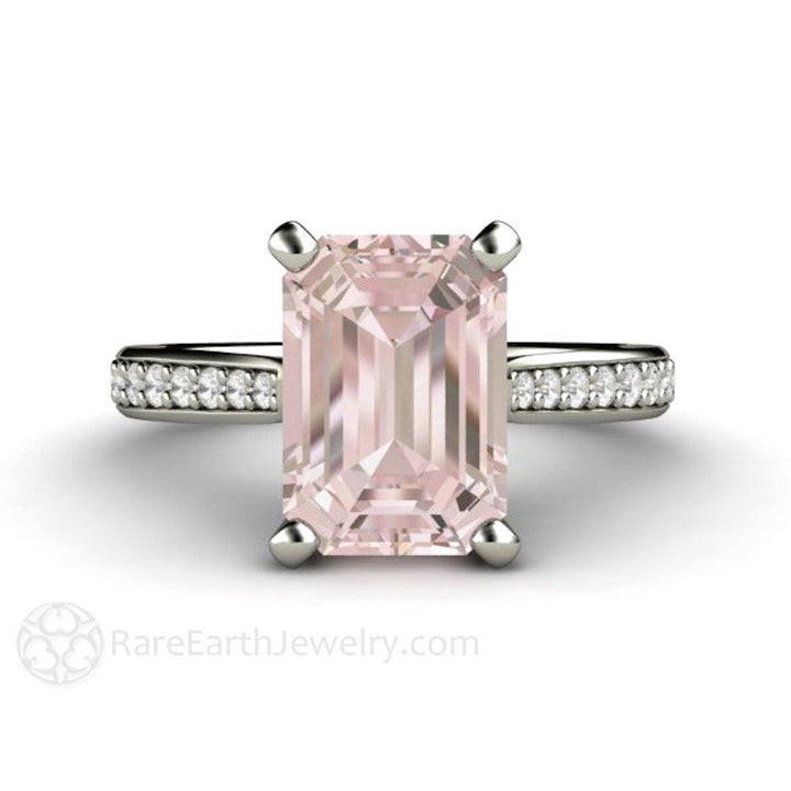 Solitaire Morganite Ring Engagement Ring Emerald Cut with Diamonds - Rare Earth Jewelry