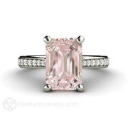 Solitaire Morganite Ring Engagement Ring Emerald Cut with Diamonds 14K White Gold - Rare Earth Jewelry