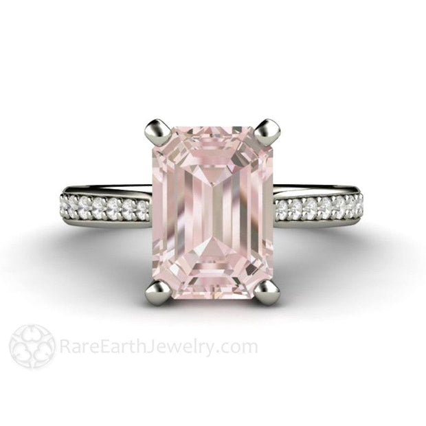 Solitaire Morganite Ring Engagement Ring Emerald Cut with Diamonds 14K White Gold - Rare Earth Jewelry