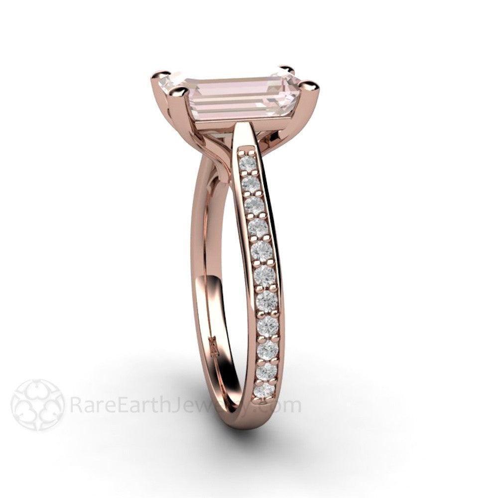 Solitaire Morganite Ring Engagement Ring Emerald Cut with Diamonds - Rare Earth Jewelry