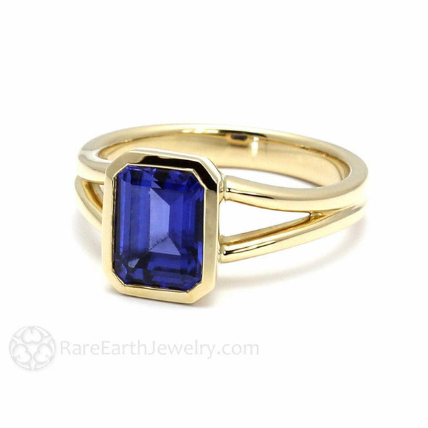 Split Shank Blue Sapphire Engagement Ring Bezel Set Solitaire 14K Yellow Gold - Rare Earth Jewelry