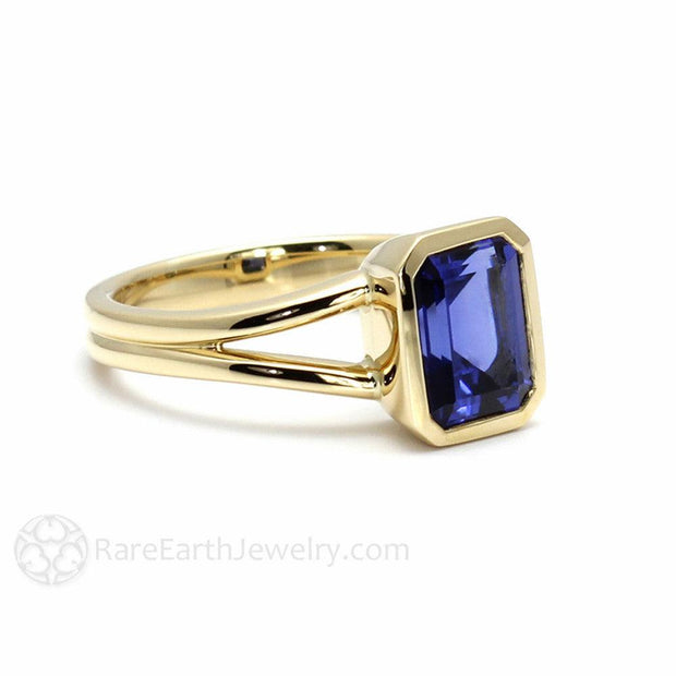 Split Shank Blue Sapphire Engagement Ring Bezel Set Solitaire 18K Yellow Gold - Rare Earth Jewelry