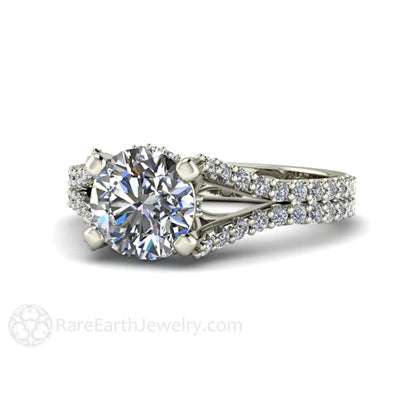 Split Shank Moissanite Engagement Ring with Pave Diamonds 14K White Gold - Engagement Only - Rare Earth Jewelry