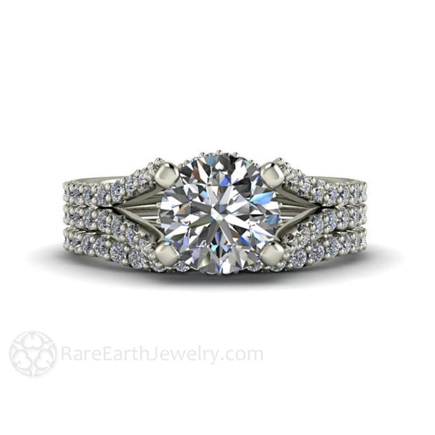 Split Shank Moissanite Engagement Ring with Pave Diamonds 14K White Gold - Wedding Set - Rare Earth Jewelry