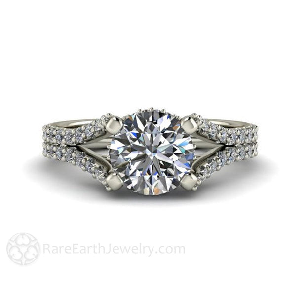 Split Shank Moissanite Engagement Ring with Pave Diamonds Platinum - Engagement Only - Rare Earth Jewelry
