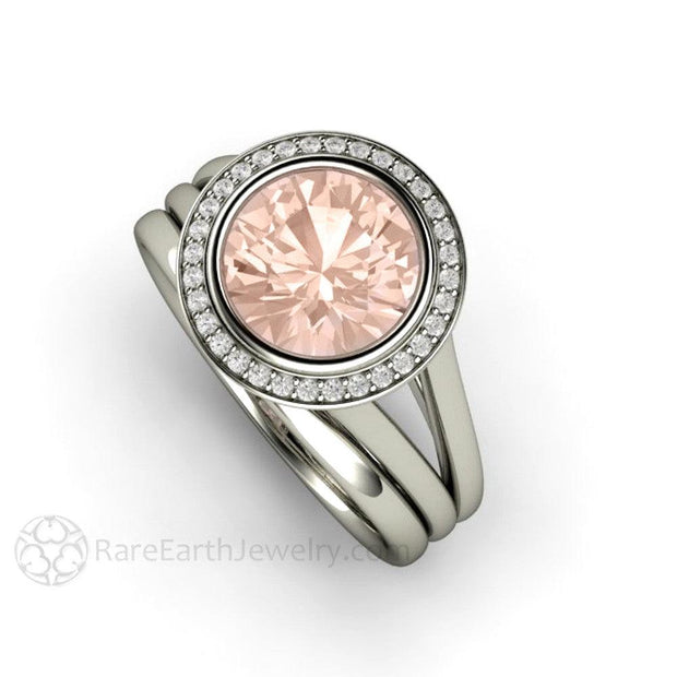 Split Shank Morganite Ring Bridal Set Bezel Style with Diamond Halo Platinum - Wedding Set - Rare Earth Jewelry