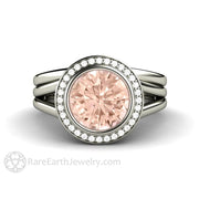 Split Shank Morganite Ring Bridal Set Bezel Style with Diamond Halo 14K White Gold - Wedding Set - Rare Earth Jewelry
