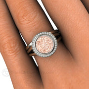 Split Shank Morganite Ring Bridal Set Bezel Style with Diamond Halo Platinum - Wedding Set - Rare Earth Jewelry