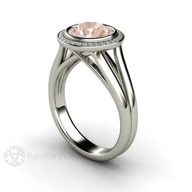 Split Shank Morganite Ring Bridal Set Bezel Style with Diamond Halo 18K White Gold - Wedding Set - Rare Earth Jewelry