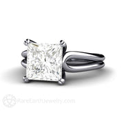 Square Moissanite Engagement Ring Split Shank Solitaire 18K White Gold - Engagement Only - Rare Earth Jewelry