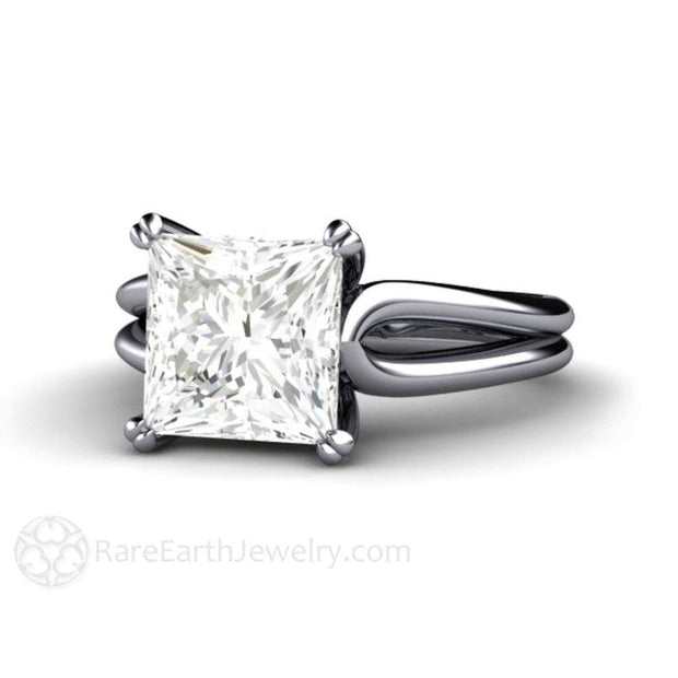 Square Moissanite Engagement Ring Split Shank Solitaire 18K White Gold - Engagement Only - Rare Earth Jewelry
