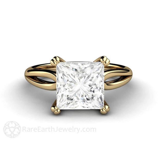 Square Moissanite Engagement Ring Split Shank Solitaire 14K Yellow Gold - Engagement Only - Rare Earth Jewelry