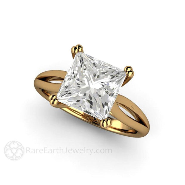 Square Moissanite Engagement Ring Split Shank Solitaire 18K Yellow Gold - Engagement Only - Rare Earth Jewelry