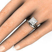 Square Moissanite Engagement Ring Split Shank Solitaire 14K White Gold - Wedding Set - Rare Earth Jewelry