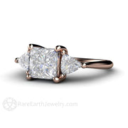 Square Princess Cut Moissanite Engagement Ring with Trillions 14K Rose Gold - Rare Earth Jewelry