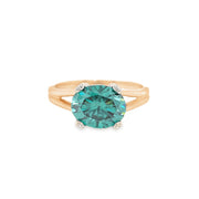 Teal Green Moissanite Ring Oval East West Solitaire with Split Shank 14K Rose Gold  - Rare Earth Jewelry