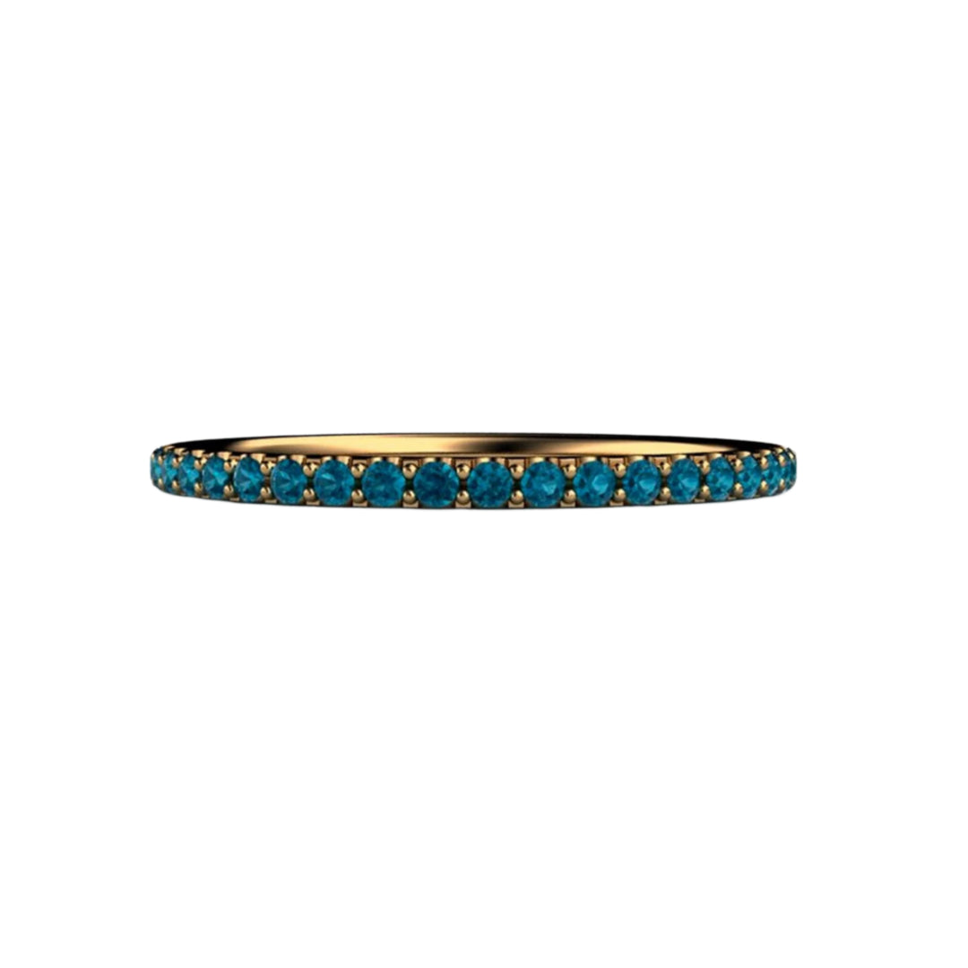 Thin Teal Blue Pave Diamond Band in 18K Yellow Gold, Something Blue Gemstone Wedding Ring | Rare Earth Jewelry