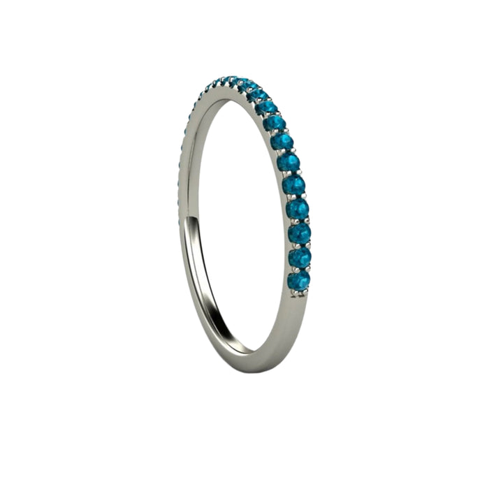 Side View of Thin Teal Blue Pave Diamond Band Wedding Ring, Blue Gemstone Stackable Ring | Rare Earth Jewelry