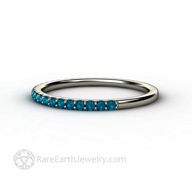 Thin Teal Blue Pave Diamond Band Wedding Ring Stackable 14K Yellow Gold - Rare Earth Jewelry