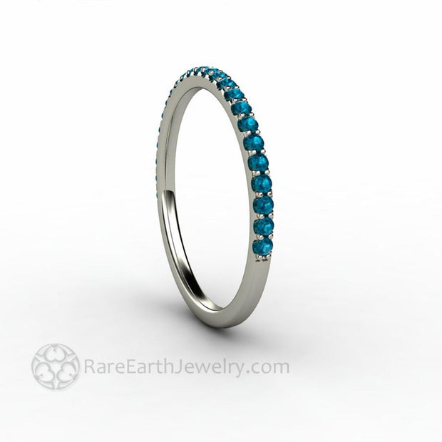 Thin Teal Blue Pave Diamond Band Wedding Ring Stackable 14K White Gold - Rare Earth Jewelry