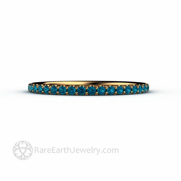 Thin Teal Blue Pave Diamond Band Wedding Ring Stackable 18K Yellow Gold - Rare Earth Jewelry