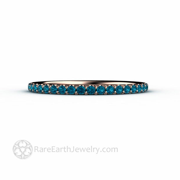 Thin Teal Blue Pave Diamond Band Wedding Ring Stackable 14K Rose Gold - Rare Earth Jewelry