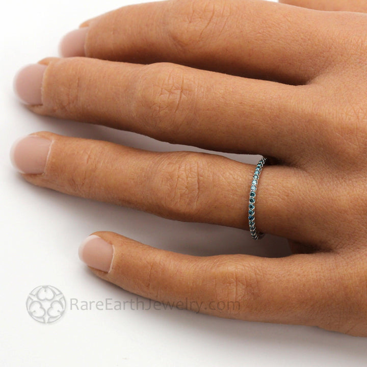 Thin Teal Blue Pave Diamond Wedding Ring on Finger, Blue Stone Stackable Band | Rare Earth Jewelry