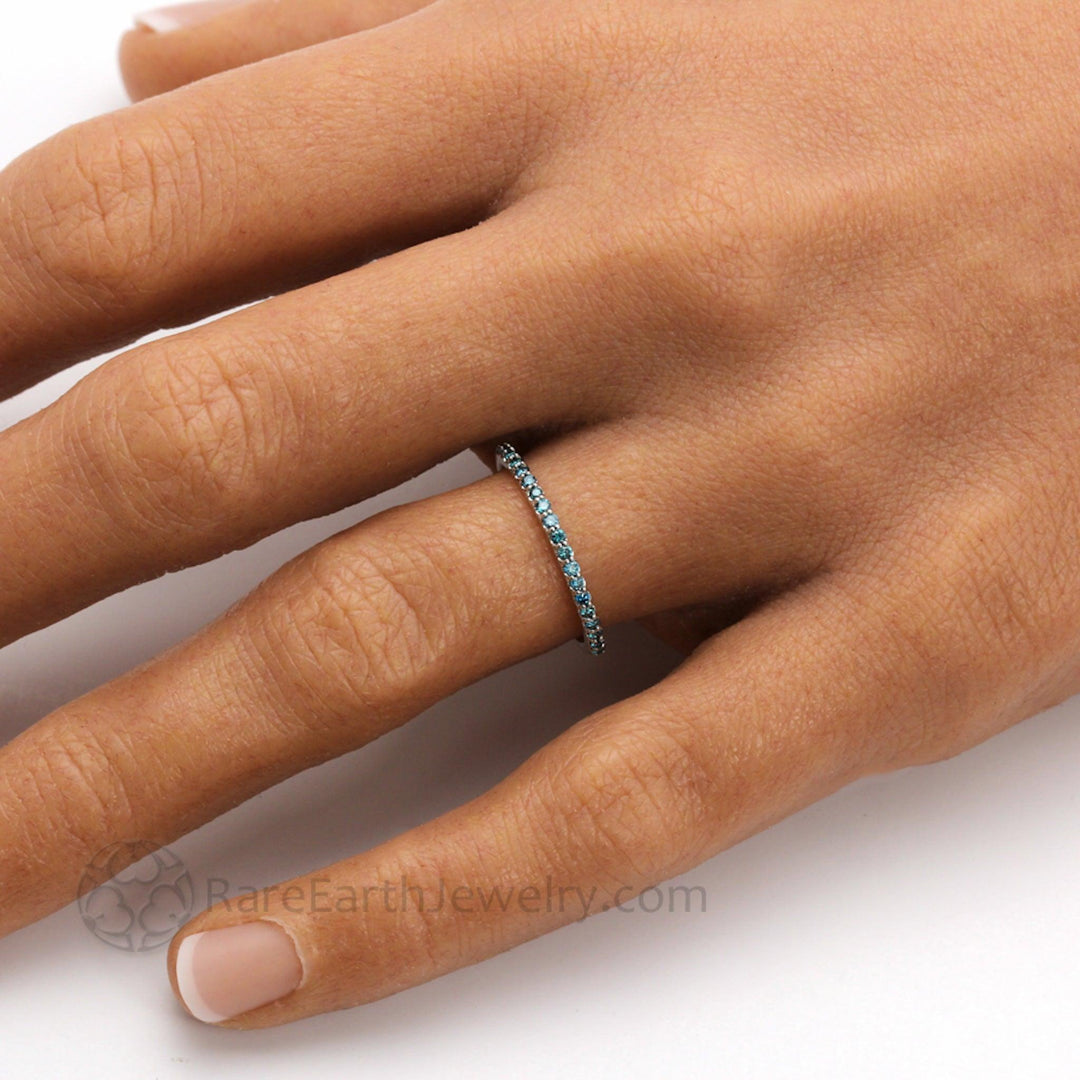 Thin Teal Blue Pave Diamond Band Wedding Ring on Hand, Blue Stone Stackable Band | Rare Earth Jewelry