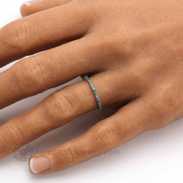 Thin Teal Blue Pave Diamond Band Wedding Ring on Hand, Blue Stone Stackable Band | Rare Earth Jewelry