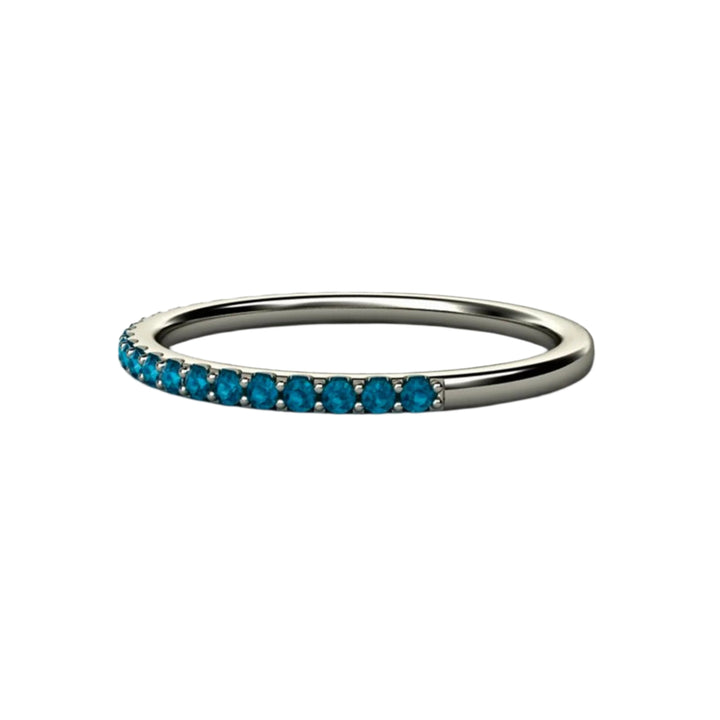 Side View Teal Blue Pave Diamond Band in White Gold Showing Dainty Feminine Design | Rare Earth Jewelry