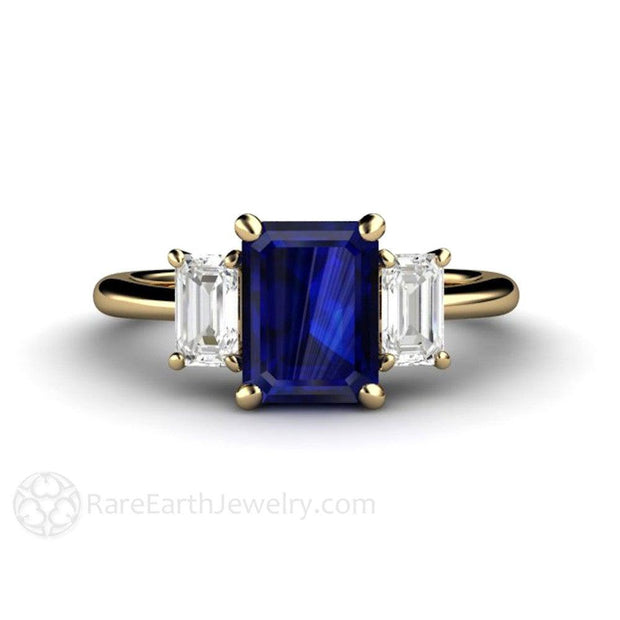 Three Stone Blue Sapphire Engagement Ring Emerald Cut with White Sapphire Accents Yellow Gold  - Rare Earth Jewelry