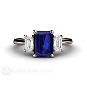 Three Stone Blue Sapphire Engagement Ring Emerald Cut with White Sapphire Accents 18K Rose Gold - Rare Earth Jewelry