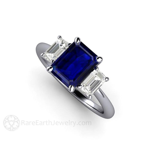 Three Stone Blue Sapphire Engagement Ring Emerald Cut with White Sapphire Accents White Gold  - Rare Earth Jewelry