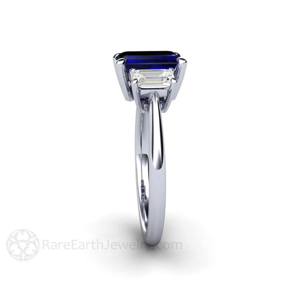 Three Stone Blue Sapphire Engagement Ring Emerald Cut with White Sapphire Accents Side View - Rare Earth Jewelry