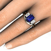 Three Stone Blue Sapphire Engagement Ring Emerald Cut White Sapphire Accents Wedding Set on the Hand - Rare Earth Jewelry