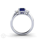 Three Stone Blue Sapphire Engagement Ring Emerald Cut with White Sapphire Accents - Rare Earth Jewelry