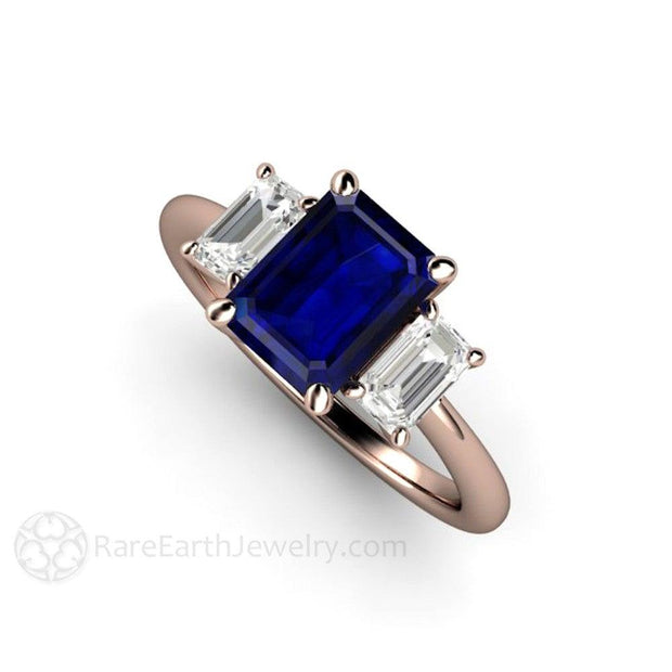 Three Stone Blue Sapphire Engagement Ring Emerald Cut with White Sapphire Accents Rose Gold - Rare Earth Jewelry