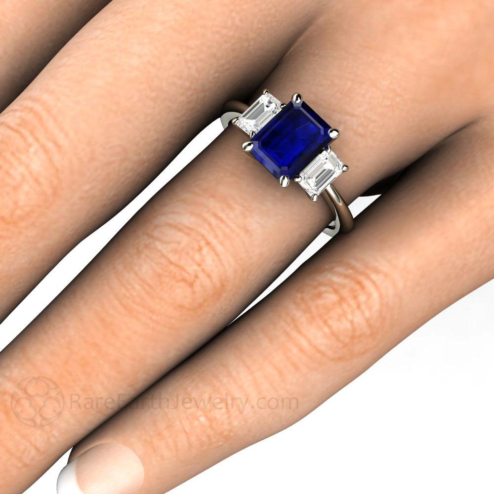 Three Stone Blue Sapphire Engagement Ring Emerald Cut with White Sapphire Accents - Rare Earth Jewelry