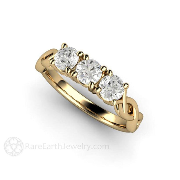 Three Stone Moissanite Ring Infinity Style Anniversary Band 14K Yellow Gold - Rare Earth Jewelry