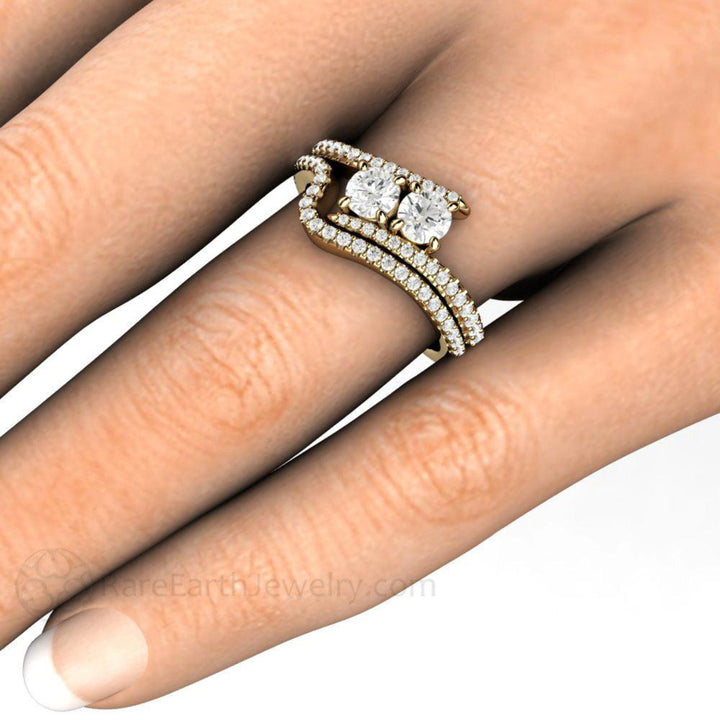 2 Stone Diamond Engagement Ring and Wedding Band on the Hand, Diamond Toi et Moi Wedding Set | Rare Earth Jewelry